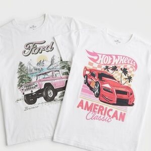 Hollister Kids Ford & Hot Wheels Graphic Tees - White with Pink and Red Prints
